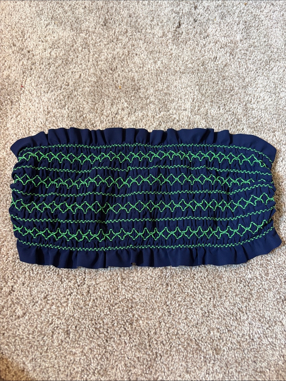 Tory Burch Navy Blue & Lime Green Smocked Embroidered Bandeau Bikini Top XS